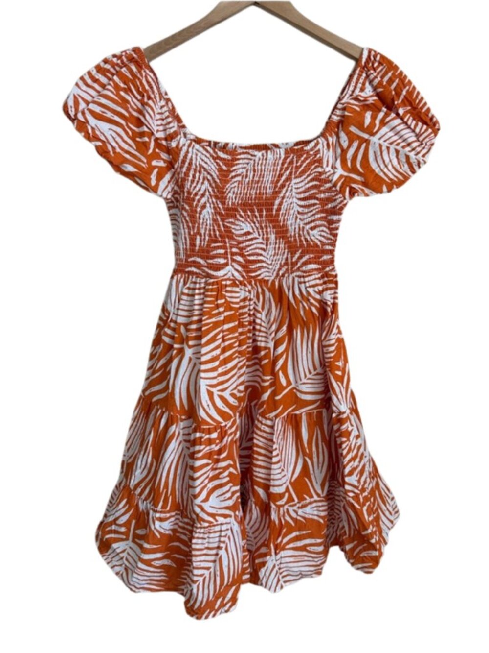 Cotton Linen Smocked Mini Dress M Puff Sleeve Tropical Resort Orange White Boho